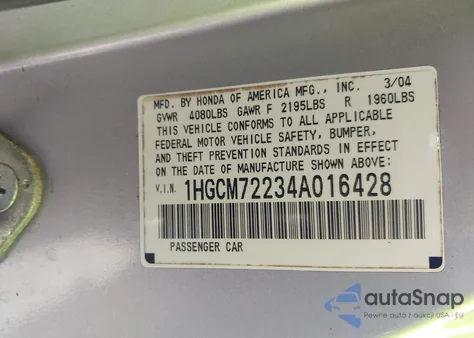 2004 Honda Accord 2.4 Lx from USA, damaged, VIN 1HGCM72234A016428